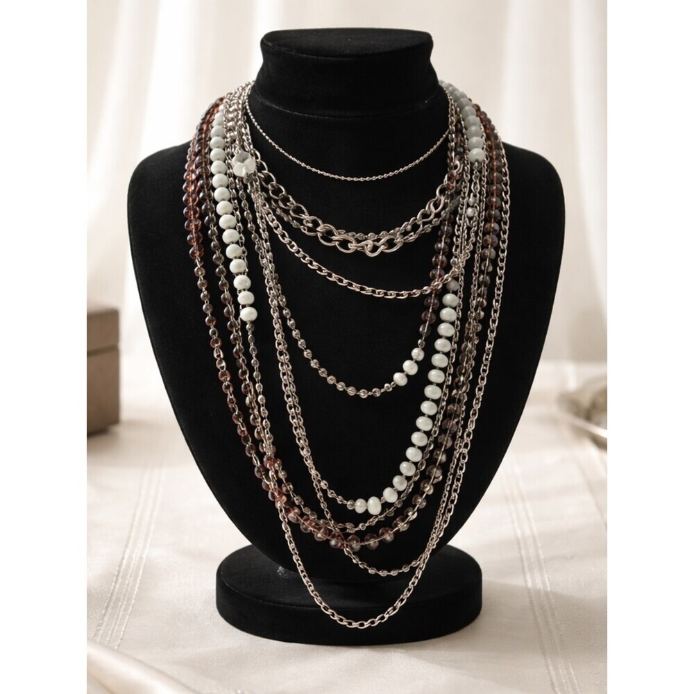 ViVI Silver Layered Necklace White Faceted Beads Boho Statement Jewelry Sparkle